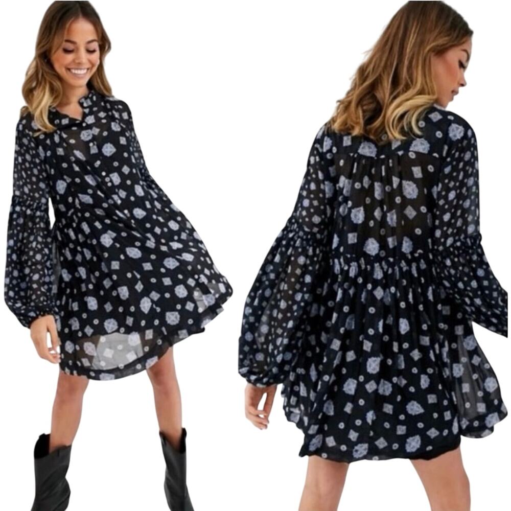 FREE PEOPLE Women’s Turn Turn Black and Blue Geo Print Long Sleeve mini dress